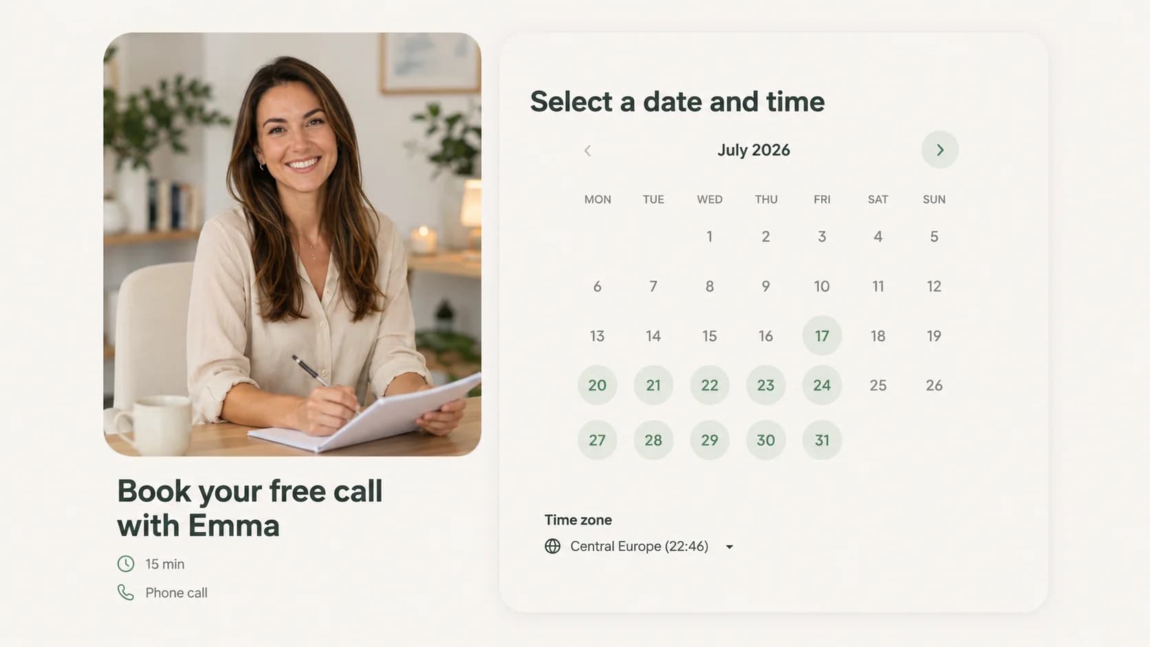 Pagina di prenotazione per i clienti con profilo del coach, date disponibili e selezione del fuso orario