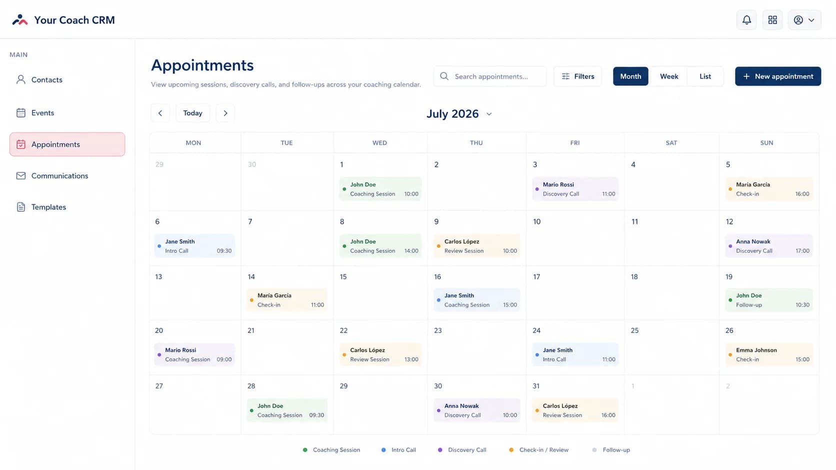 Calendario del CRM per coach con sessioni, chiamate conoscitive e ricontatti