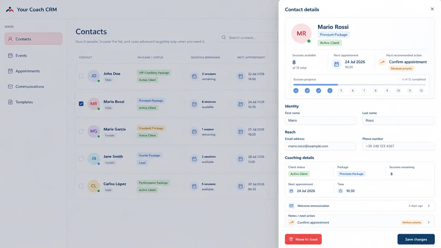 Scheda cliente del CRM per coach con avanzamento del pacchetto, prossimo appuntamento, comunicazioni e azione consigliata